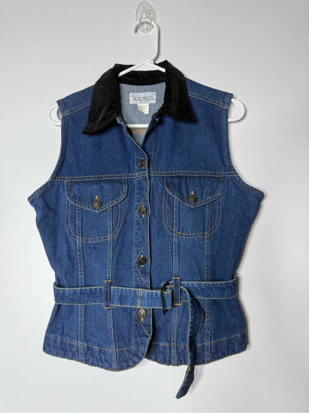 Vintage Tangibles Denim Button Front Velvet Collar Vest Size M